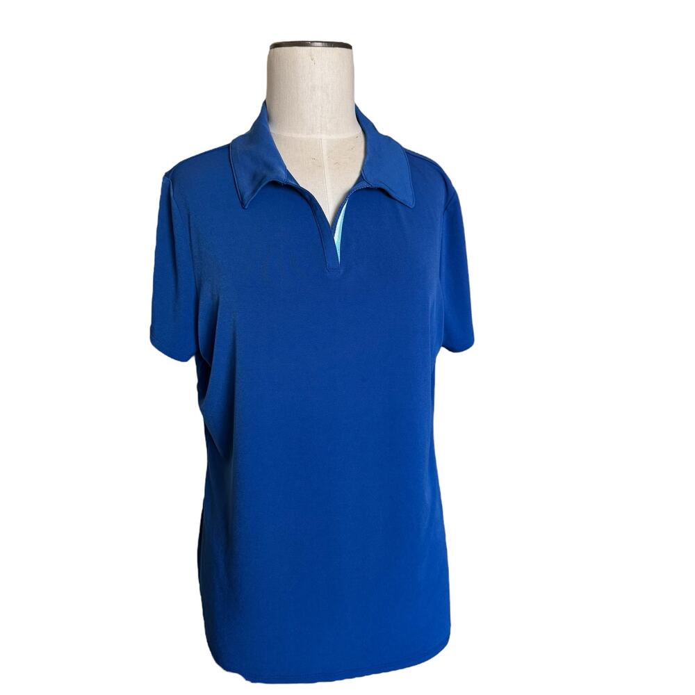 Weekends by Chicos Size 2 Womens L/12 Blue Split V-Neck Polo Shirt Travel
